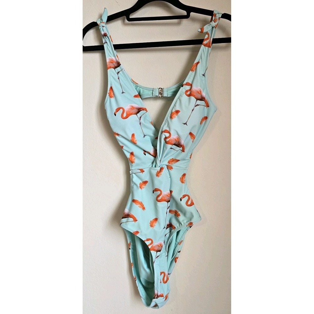 cupshe one piece swimsuit small womens Blue With Flamingos